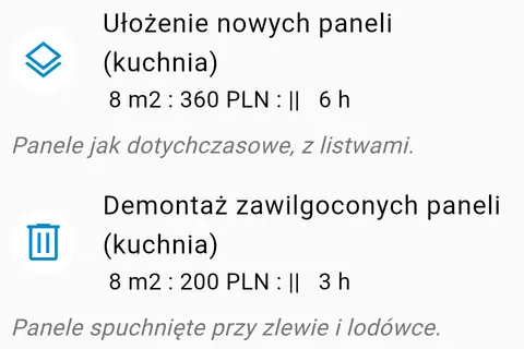 Aplikacja: pozycje naprawy z metrażem, kwotą i czasem pracy