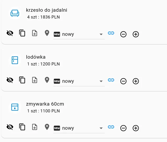 Aplikacja: wyposażenie kuchni z ilościami i cenami