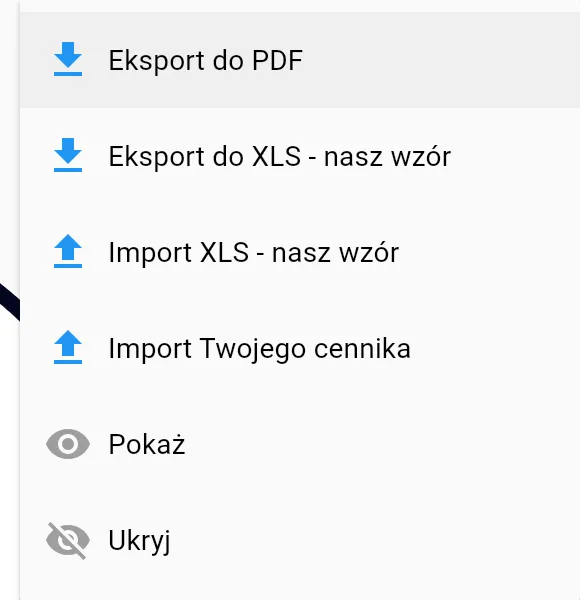 Aplikacja: menu eksportu do PDF i XLS oraz importu cennika