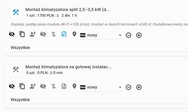 Aplikacja: montaż klimatyzacji z ilością, ceną, czasem i dopłatami