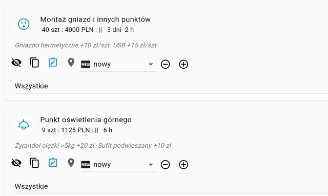 Aplikacja: prace elektryczne z ilością, ceną, czasem i dopłatami