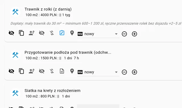 Aplikacja: zakładanie trawnika z metrażem, ceną, czasem i dopłatami