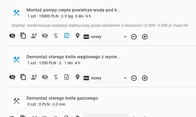 Aplikacja: montaż pompy ciepła z ilością, ceną, czasem i dopłatami