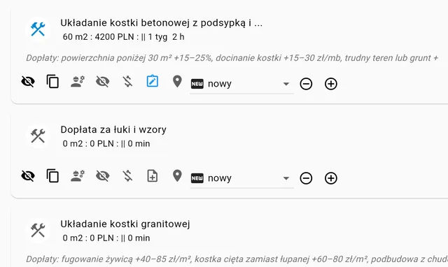 Aplikacja: prace brukarskie z metrażem, ceną, czasem i dopłatami