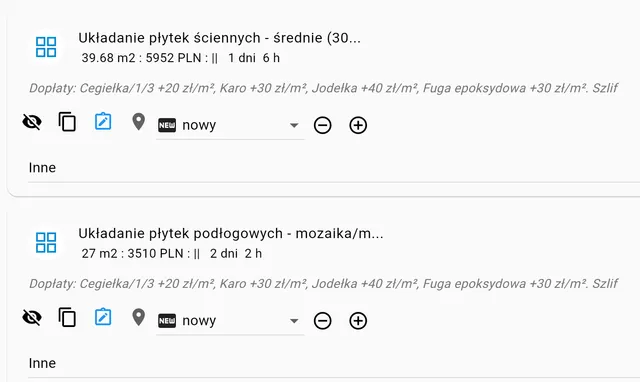 Aplikacja: prace glazurnicze z metrażem, ceną, czasem i dopłatami