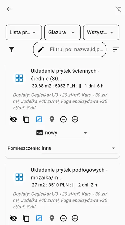Aplikacja na telefonie: prace glazurnicze z dopłatami