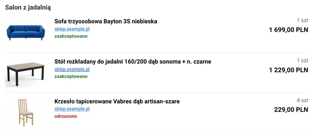 PDF „Lista produktów”: meble ze zdjęciem, linkiem do sklepu, ceną i decyzją klienta