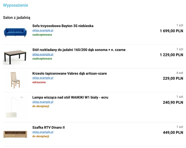 PDF „Lista produktów”: meble ze zdjęciem, linkiem do sklepu, ceną i decyzją klienta