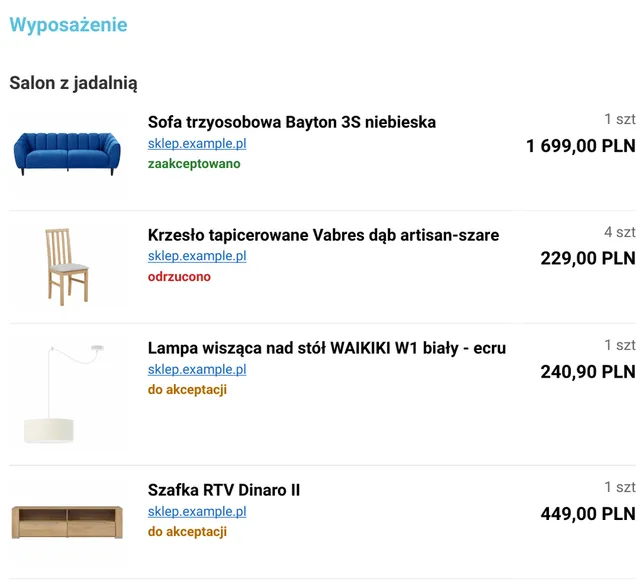 PDF „Lista produktów”: meble ze zdjęciem, linkiem do sklepu, ceną i decyzją klienta