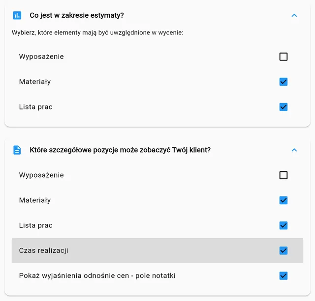 Aplikacja: ustawienia wyceny – zakres i szczegóły widoczne dla klienta