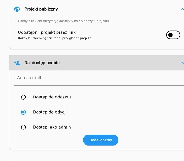 Aplikacja: udostępnianie projektu przez link i dla wybranej osoby