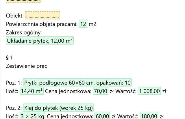 Kosztorys w generatorze wypełniony wynikiem kalkulatora płytek