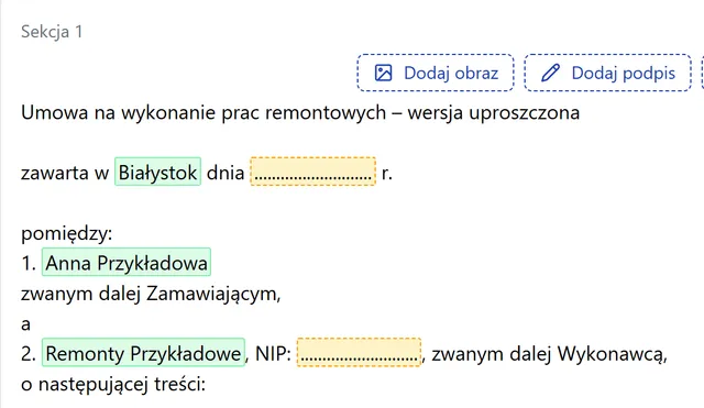 Generator dokumentów: umowa remontowa wypełniona danymi z aplikacji