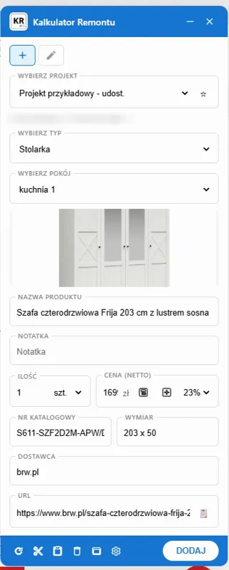 Dodatek do Chrome: panel z produktem gotowym do dodania do projektu