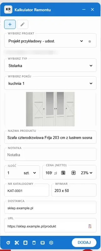 Dodatek do Chrome: produkt ze sklepu dodawany do pomieszczenia w projekcie