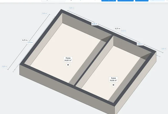 Planer pomieszczeń: rzut dwóch pokoi w widoku 3D z wymiarami