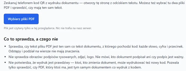 Generator dokumentów: strona sprawdzania, czy PDF to ten sam dokument