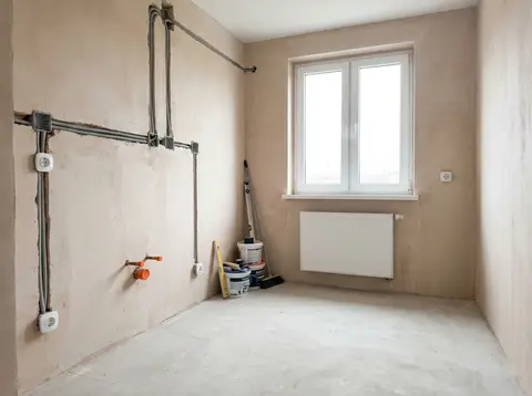 Kuchnia w trakcie remontu z nowymi instalacjami w ścianie – ilustracja