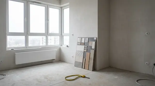 Surowe mieszkanie w stanie deweloperskim z próbkami materiałów pod ścianą – ilustracja